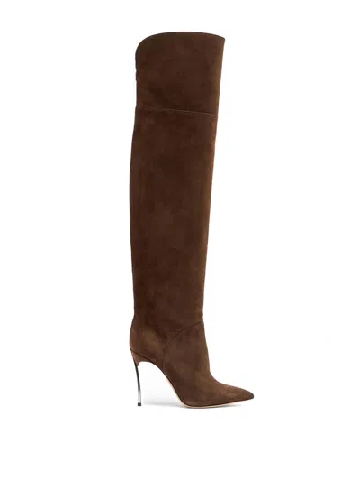 Casadei 100mm Metallic-heel Suede Over-the-knee Boots In Brown