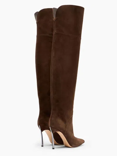 Casadei 100mm Metallic-heel Suede Over-the-knee Boots In Brown