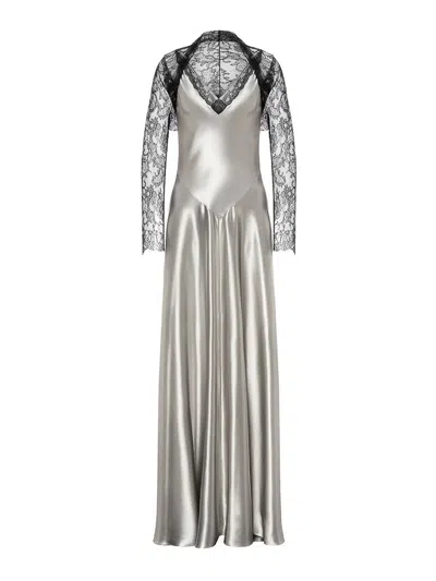 Alberta Ferretti Backless Satin Long Sleeve Floor-length Dress In Gray