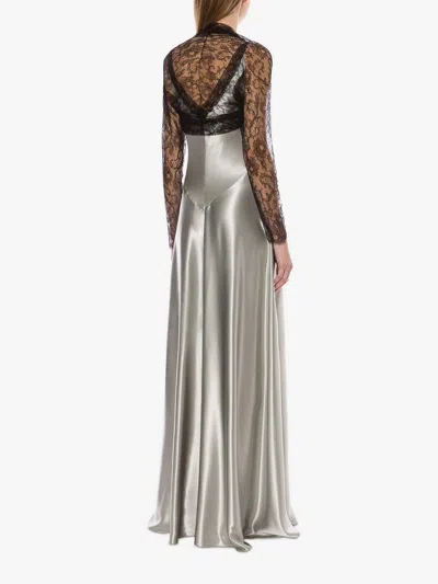 Alberta Ferretti Backless Satin Long Sleeve Floor-length Dress In Gray