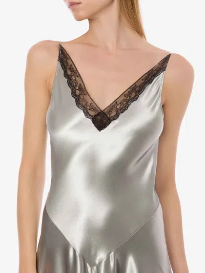 Alberta Ferretti Backless Satin Long Sleeve Floor-length Dress In Gray