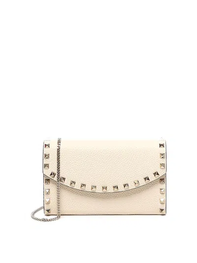 Valentino Rockstud Leather Wallet With Chain In White