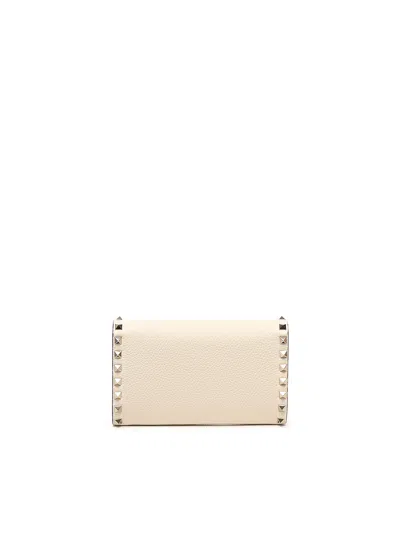 Valentino Rockstud Leather Wallet With Chain In White