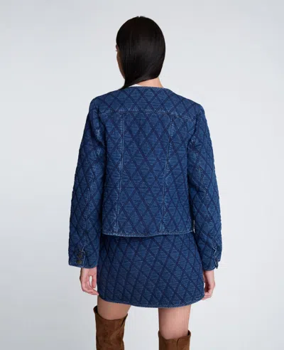 Kenneth Cole Denim Quilted Collarless Jacket In Blue