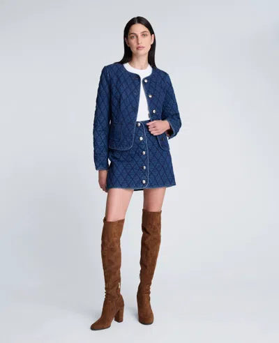 Kenneth Cole Denim Quilted Collarless Jacket In Blue