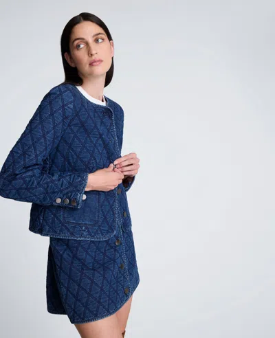 Kenneth Cole Denim Quilted Collarless Jacket In Blue