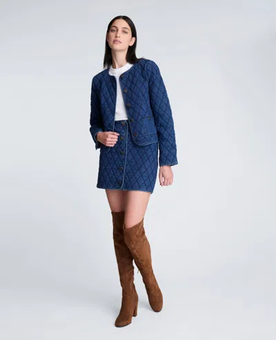 Kenneth Cole Denim Quilted Collarless Jacket In Blue