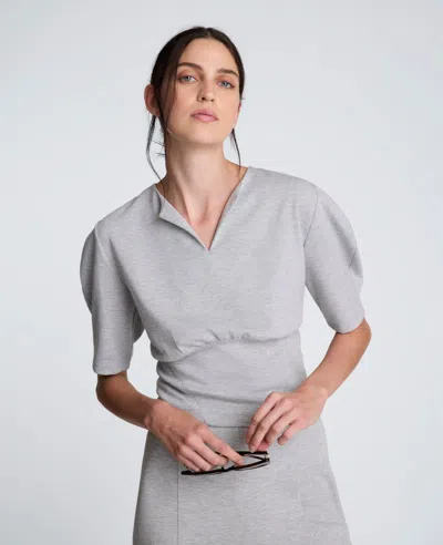Kenneth Cole Scuba Knit Cropped Puff Sleeve Banded Hem Top In Gray