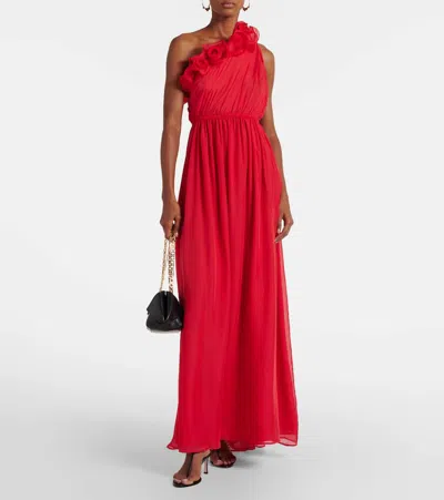Leo Lin Jenni Draped Floral-applique Silk Gown In Red