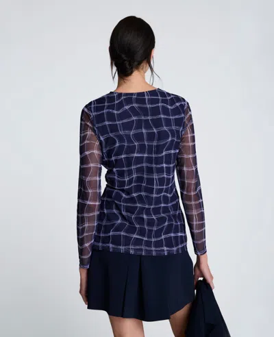 Kenneth Cole Waist Knot Long Sleeve Mesh Knit Top In Blue