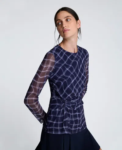 Kenneth Cole Waist Knot Long Sleeve Mesh Knit Top In Blue