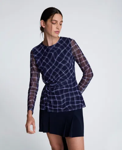 Kenneth Cole Waist Knot Long Sleeve Mesh Knit Top In Blue