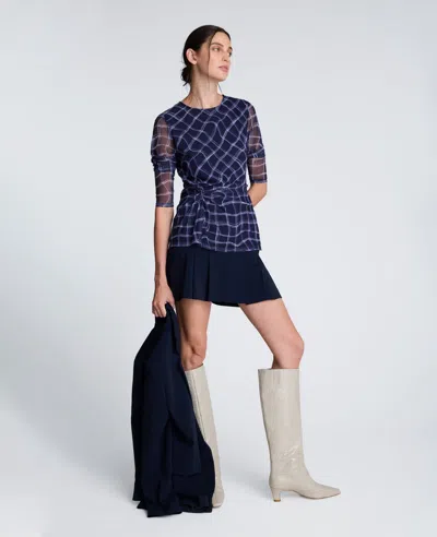 Kenneth Cole Waist Knot Long Sleeve Mesh Knit Top In Blue