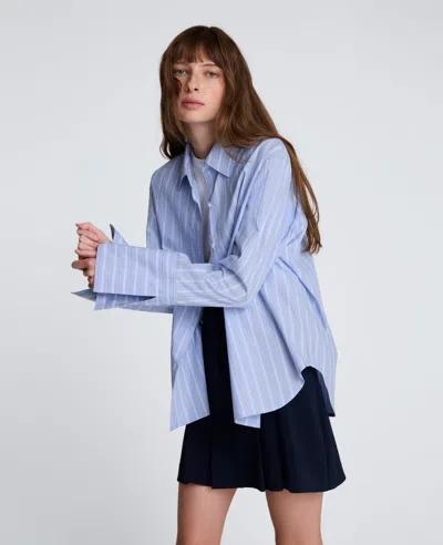 Kenneth Cole Striped Poplin Flip Cuff Button Down Shirt In Blue