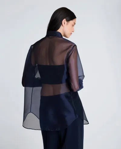 Kenneth Cole Sheer Organza Oversized Button Front Shirt In Blue