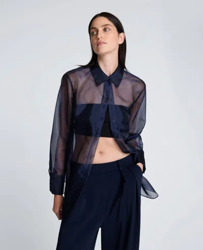 Kenneth Cole Sheer Organza Oversized Button Front Shirt In Blue