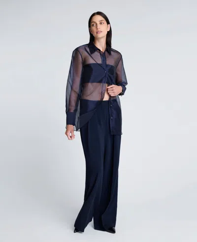 Kenneth Cole Sheer Organza Oversized Button Front Shirt In Blue