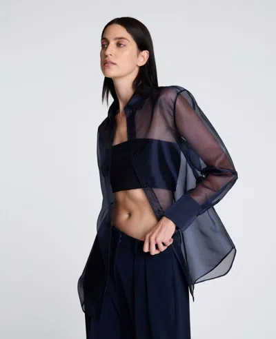 Kenneth Cole Sheer Organza Oversized Button Front Shirt In Blue