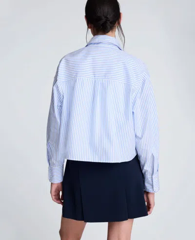Kenneth Cole Striped Poplin Boxy Roll Sleeve Cropped Shirt In Blue