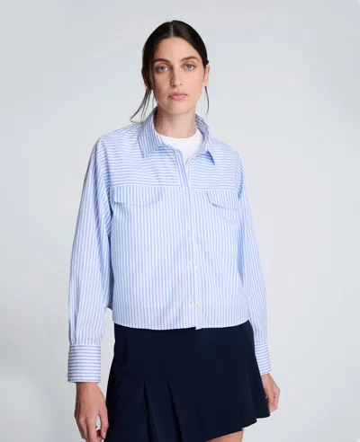 Kenneth Cole Striped Poplin Boxy Roll Sleeve Cropped Shirt In Blue