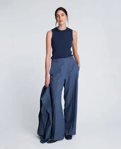 Kenneth Cole Textured Pinstripe Fly Front High Rise Boyfriend Wide Leg Pant In Blue