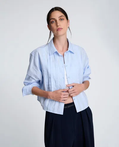 Kenneth Cole Cropped Tuxedo Style Long Sleeve Button Down Blouse In Blue