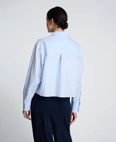 Kenneth Cole Cropped Tuxedo Style Long Sleeve Button Down Blouse In Blue