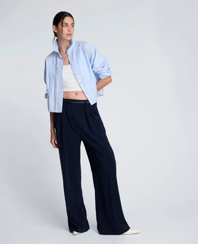 Kenneth Cole Cropped Tuxedo Style Long Sleeve Button Down Blouse In Blue