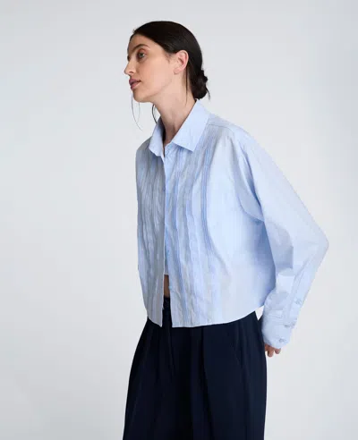 Kenneth Cole Cropped Tuxedo Style Long Sleeve Button Down Blouse In Blue