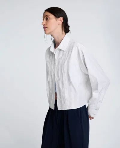Kenneth Cole Cropped Tuxedo Style Long Sleeve Button Down Blouse In White