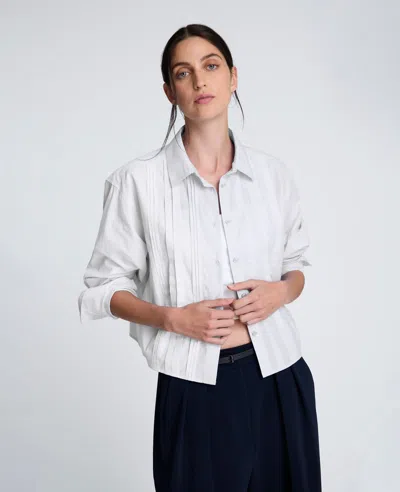 Kenneth Cole Cropped Tuxedo Style Long Sleeve Button Down Blouse In White