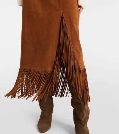 Polo Ralph Lauren Fringed Suede Midi Skirt In Brown