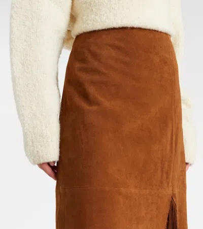 Polo Ralph Lauren Fringed Suede Midi Skirt In Brown