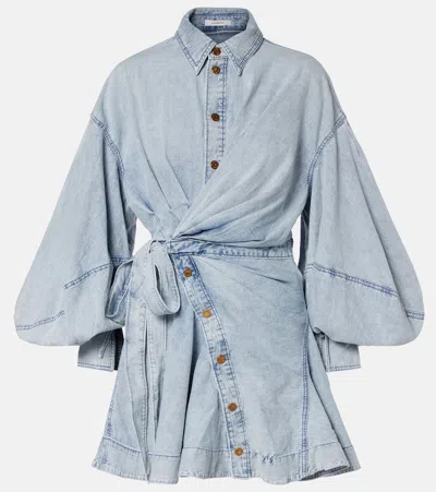 Zimmermann Rebellion Gathered Denim Mini Wrap Dress In Blue