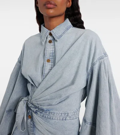 Zimmermann Rebellion Gathered Denim Mini Wrap Dress In Blue