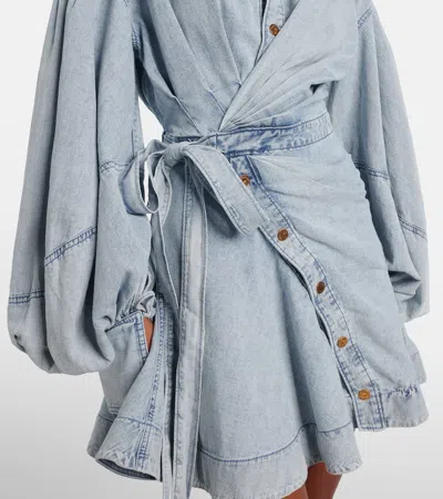 Zimmermann Rebellion Gathered Denim Mini Wrap Dress In Blue