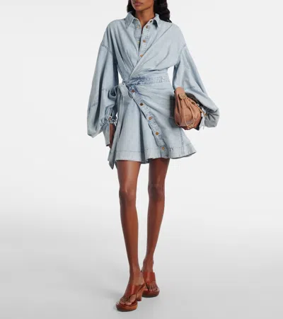 Zimmermann Rebellion Gathered Denim Mini Wrap Dress In Blue