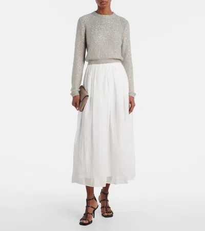 Brunello Cucinelli Cotton And Tulle Midi Skirt In White