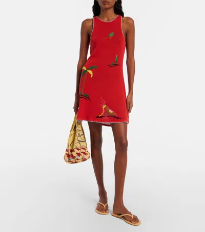 Staud Marea Embroidered Open-knit Mini Dress In Red