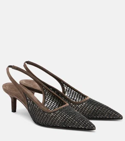 Brunello Cucinelli Embellished Suede-trimmed Mesh Slingback Pumps In Brown