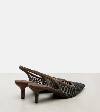 Brunello Cucinelli Embellished Suede-trimmed Mesh Slingback Pumps In Brown