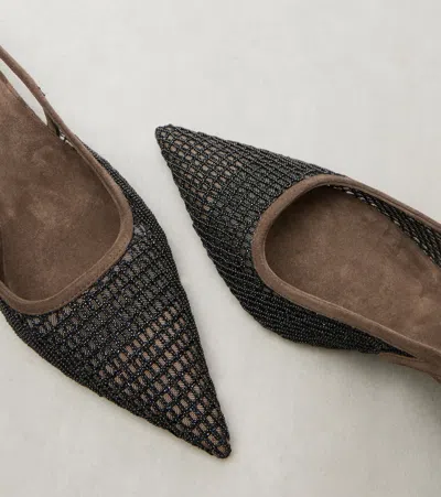 Brunello Cucinelli Embellished Suede-trimmed Mesh Slingback Pumps In Brown