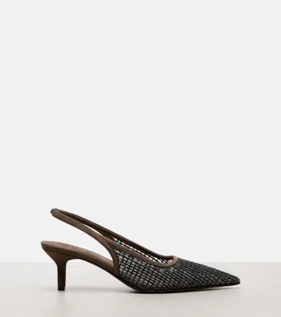 Brunello Cucinelli Embellished Suede-trimmed Mesh Slingback Pumps In Brown