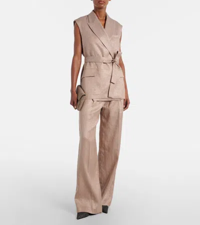 Brunello Cucinelli Embellished Suede-trimmed Mesh Slingback Pumps In Brown