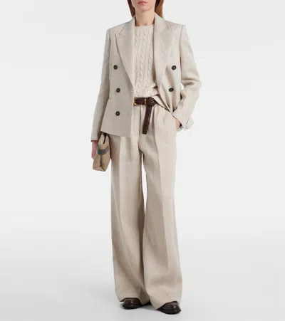 Brunello Cucinelli Women Double-breasted Jacket In Linen And Cotton With Chevron Pattern In Neutral