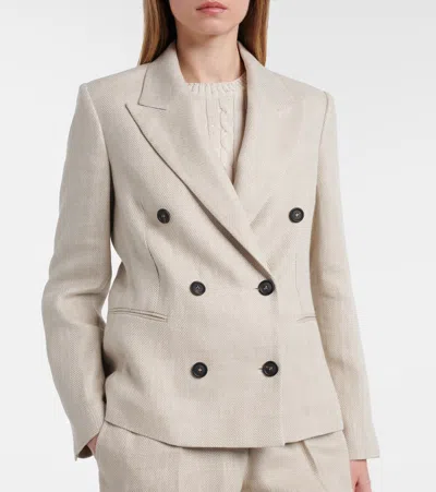 Brunello Cucinelli Women Double-breasted Jacket In Linen And Cotton With Chevron Pattern In Neutral