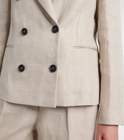 Brunello Cucinelli Women Double-breasted Jacket In Linen And Cotton With Chevron Pattern In Neutral