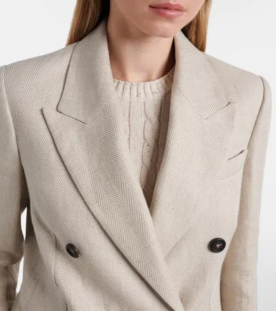 Brunello Cucinelli Women Double-breasted Jacket In Linen And Cotton With Chevron Pattern In Neutral