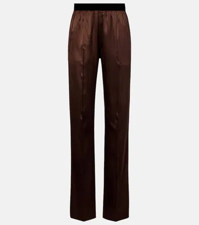 Tom Ford Brown Pants With Elastic Waist And Logo Lettering In Stretch Silk For Women In Brown