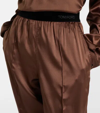 Tom Ford Brown Pants With Elastic Waist And Logo Lettering In Stretch Silk For Women In Brown